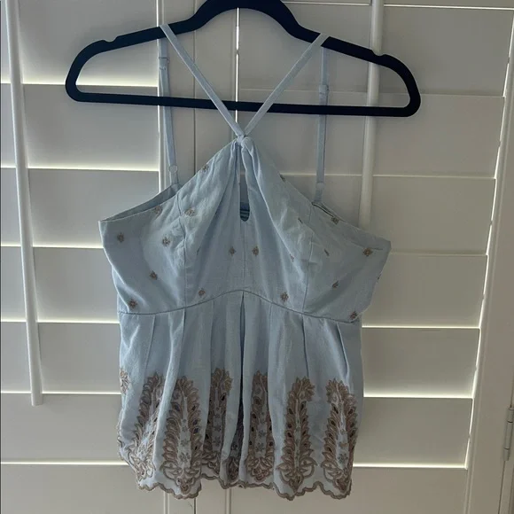 Moulinette Soeurs Light Blue and Brown Embroidered Tank Top - Picture 1 of 8